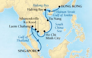 Seabourn Sojourn Cruise Map Detail Hong Kong, China to Singapore January 3-17 2016 - 14 Days - Voyage 5610