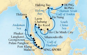 Seabourn Sojourn Cruise Map Detail Hong Kong, China to Singapore January 31 February 28 2016 - 28 Days - Voyage 5612A