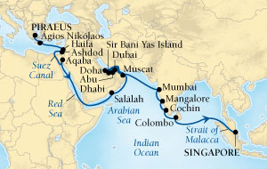 Seabourn Sojourn Cruise Map Detail Piraeus (Athens), Greece to Singapore November 17 December 22 2016 - 35 Days - Voyage 5667A