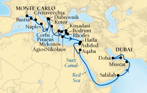 Seabourn Sojourn Cruise Map Detail Monte Carlo, Monaco to Dubai, United Arab Emirates November 3 December 5 2016 - 32 Days - Voyage 5664A