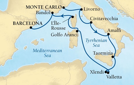 Seabourn Sojourn Cruise Map Detail Monte Carlo, Monaco to Barcelona, Spain September 8-19 2016 - 11 Days - Voyage 5653