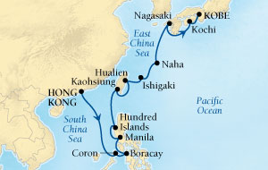 Seabourn Sojourn Cruise Map Detail Hong Kong, China to Kobe, Japan March 18 April 5 2017 - 18 Days - Voyage 5719