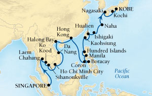 Seabourn Sojourn Cruise Map Detail Singapore to Kobe, Japan March 4 April 5 2017 - 32 Days - Voyage 5718A