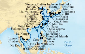 Seabourn Sojourn Cruise Map Detail Singapore to Kobe, Japan March 4 May 11 2017 - 68 Days - Voyage 5718C