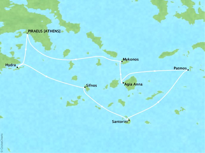 Seadream Cruise Yatch Club SeaDream II Map Detail Piraeus, Greece to Piraeus, Greece September 2-9 2017 - 7 Days