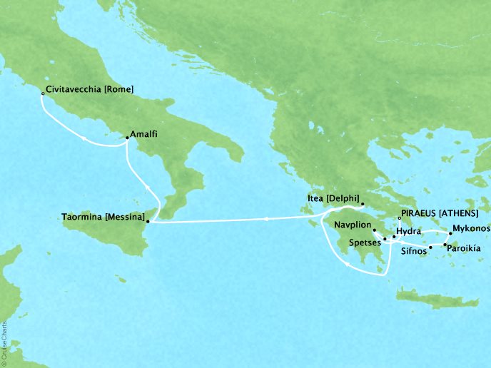 Seadream Cruise Yatch Club SeaDream II Map Detail Piraeus, Greece to Civitavecchia, Italy September 23 October 4 2017 - 11 Days