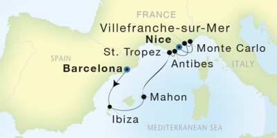 Seadream Yacht Club Cruises SeaDream I  Map Detail Barcelona, Spain to Nice, France August 5-12 2017 - 7 Days
