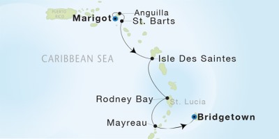Seadream Yacht Club Cruises SeaDream I  Map Detail Marigot, Saint Martin to Bridgetown, Barbados December 21-28 2017 - 7 Days