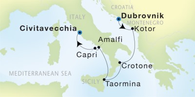 Seadream Yacht Club Cruises SeaDream I  Map Detail Dubrovnik, Croatia to Civitavecchia, Italy July 22-29 2017 - 7 Days