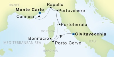 Seadream Yacht Club Cruises SeaDream I  Map Detail Monte Carlo, Monaco to Civitavecchia, Italy June 17-242017 - 7 Days