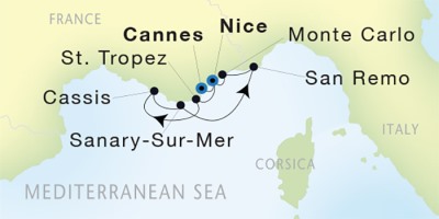 Seadream Yacht Club Cruises SeaDream I  Map Detail Cannes, France to Nice, France June 3-10 2017 - 7 Days