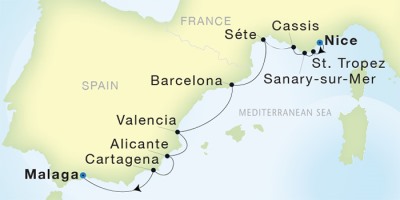 Seadream Yacht Club Cruises SeaDream I  Map Detail Nice, France to Mlaga, Spain October 7-16 2017 - 9 Days
