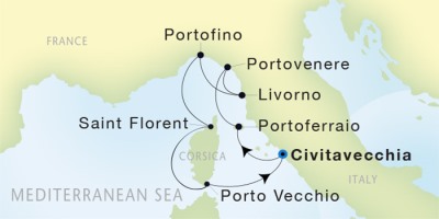 Seadream Yacht Club Cruises SeaDream II  Map Detail Civitavecchia, Italy to Civitavecchia, Italy June 17-24 2017 - 7 Days