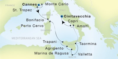 Seadream Yacht Club Cruises SeaDream II  Map Detail Cannes, France to Civitavecchia, Italy May 29 June 10 2017 - 11 Days