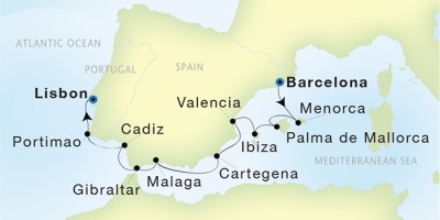 Seadream Yacht Club Cruises SeaDream II  Map Detail Barcelona, Spain to Lisbon, Portugal October 13-23 2017 - 10 Days