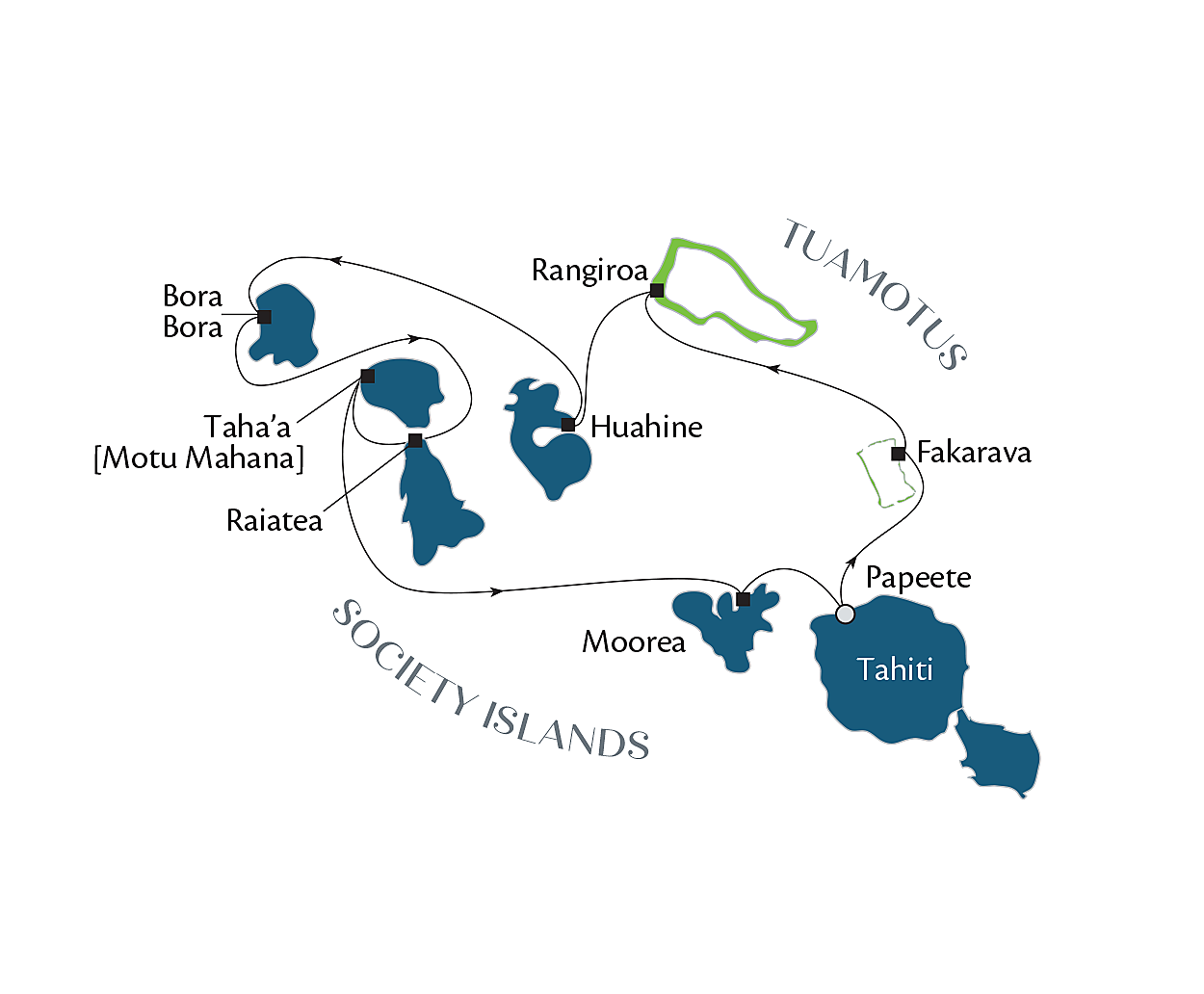 Official route map for More Tuamotus & Society Islands, Voyage PG061027, October 6–16, 2027