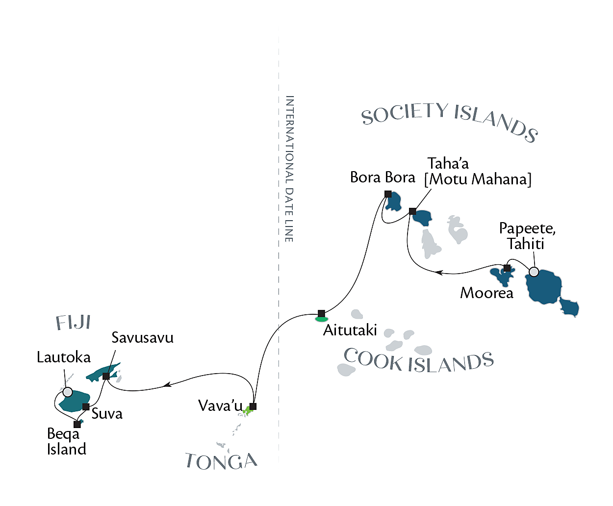 Official regional map for Voyage PG150427, Fiji, Tonga, Cook Islands and Society Islands; supplier arrows show the reverse sailing direction