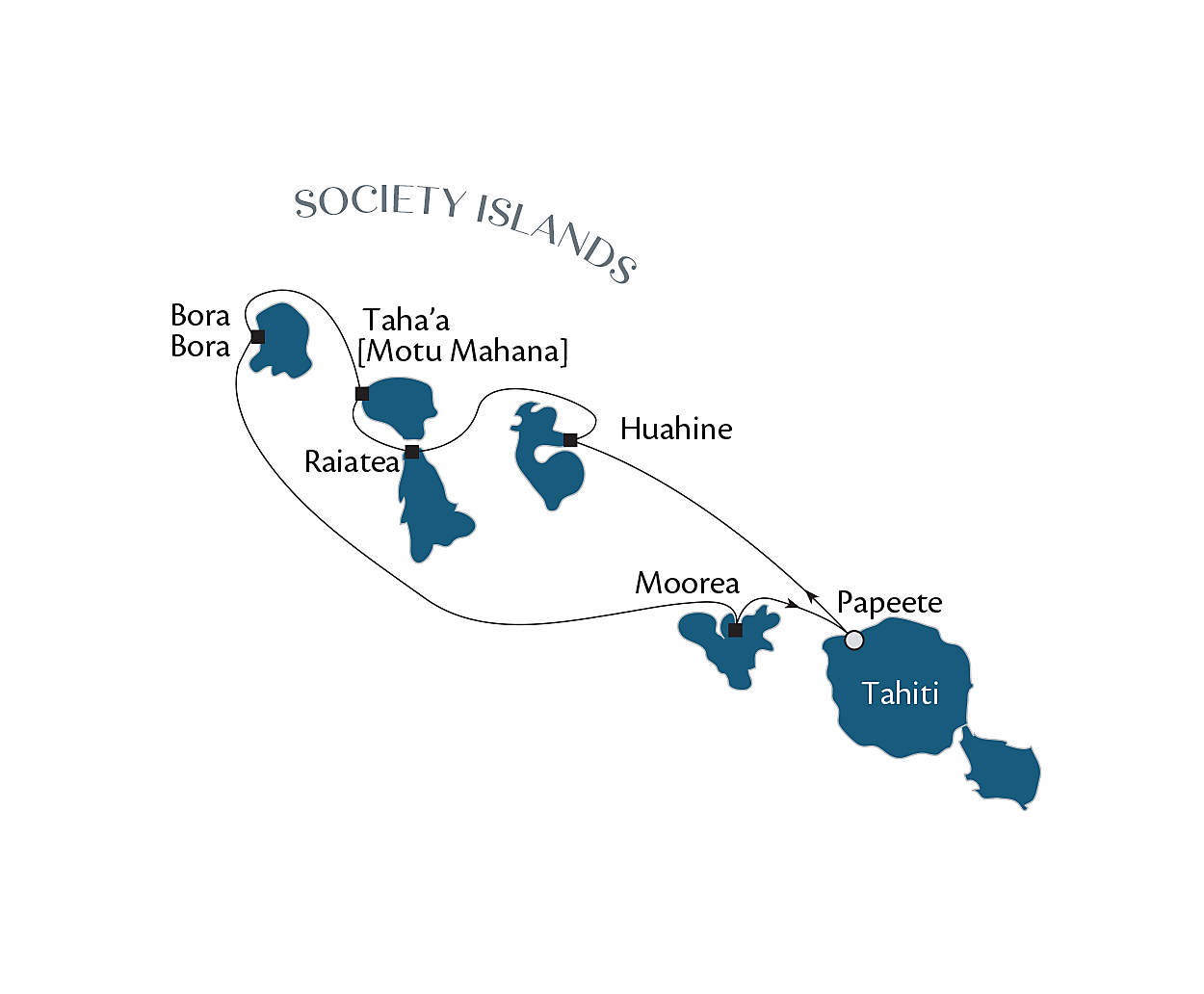 Official route map for More Society Islands & Tahiti, Voyage PG170727, July 17–24, 2027