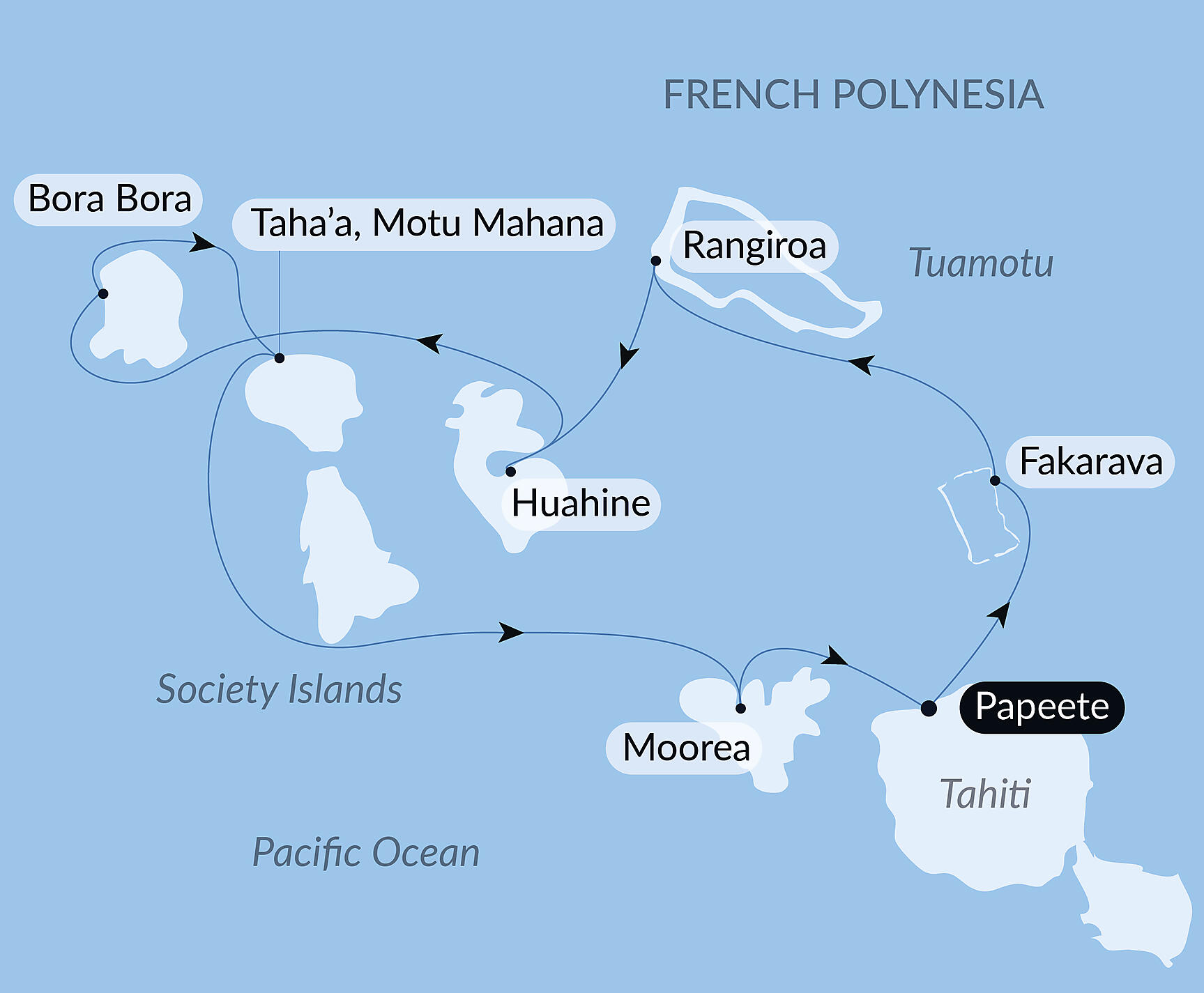 Official route map for Society Islands & The Tuamotus, Voyage PG181028, October 18–28, 2028