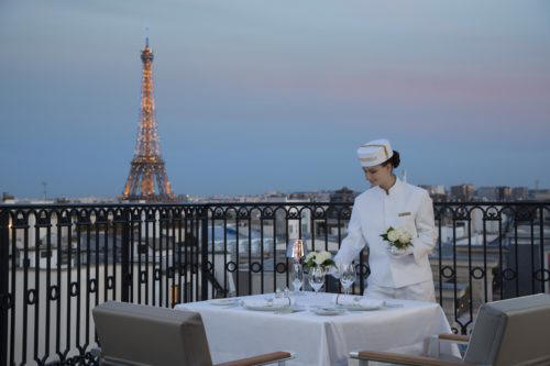 The Peninsula Hotels, Paris, L'Oiseau Blanc terrace by night.