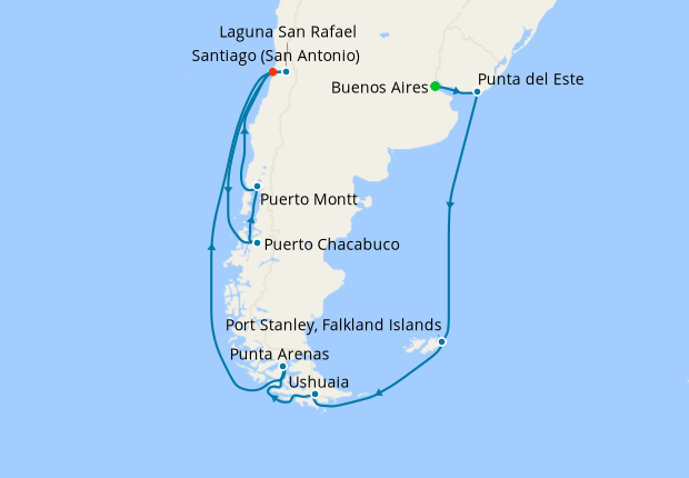 Seven Seas Splendor Voyage SPL260114 itinerary map from Buenos Aires to Santiago (San Antonio), January 14-February 1 2026, 18 days