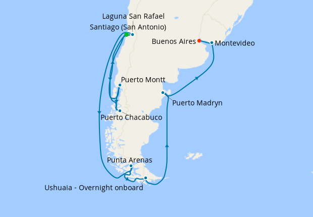 Seven Seas Splendor Voyage SPL260201 itinerary map from Santiago (San Antonio) to Buenos Aires, February 1-17 2026, 16 days