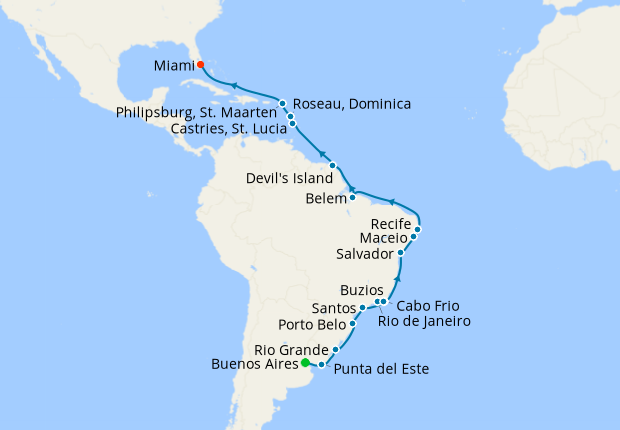 Seven Seas Splendor Voyage SPL260217 itinerary map from Buenos Aires to Miami, February 17-March 13 2026, 24 days