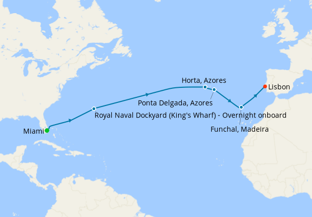Seven Seas Splendor Voyage SPL260313 itinerary map from Miami to Lisbon, March 13-27 2026, 14 days