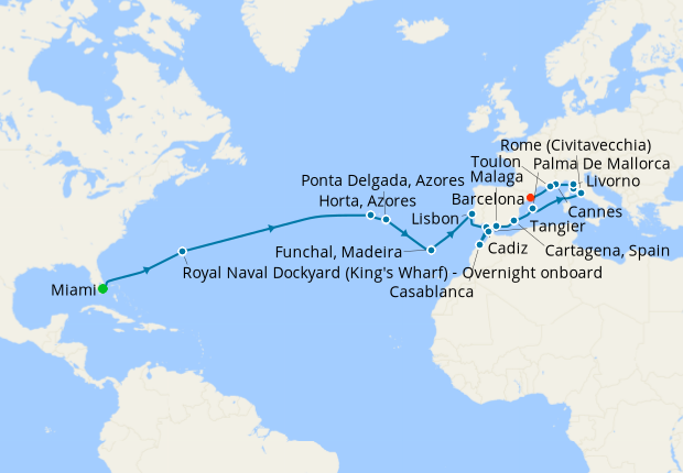 Seven Seas Splendor Voyage SPL260313A itinerary map from Miami to Barcelona, March 13-April 10 2026, 28 days
