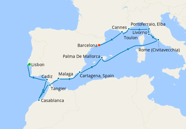 Seven Seas Splendor Voyage SPL260327 itinerary map from Lisbon to Barcelona, March 27-April 10 2026, 14 days