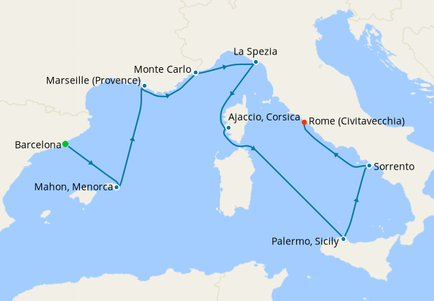 Seven Seas Splendor Voyage SPL260410 itinerary map from Barcelona to Rome (Civitavecchia), April 10-19 2026, 9 days