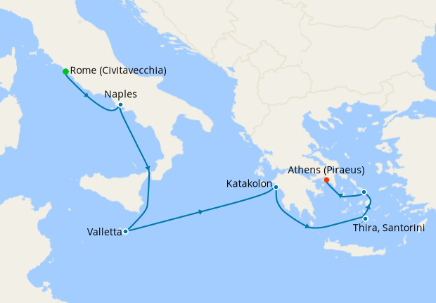 Seven Seas Splendor Voyage SPL260508 itinerary map from Rome (Civitavecchia) to Athens (Piraeus), May 8-15 2026, 7 days