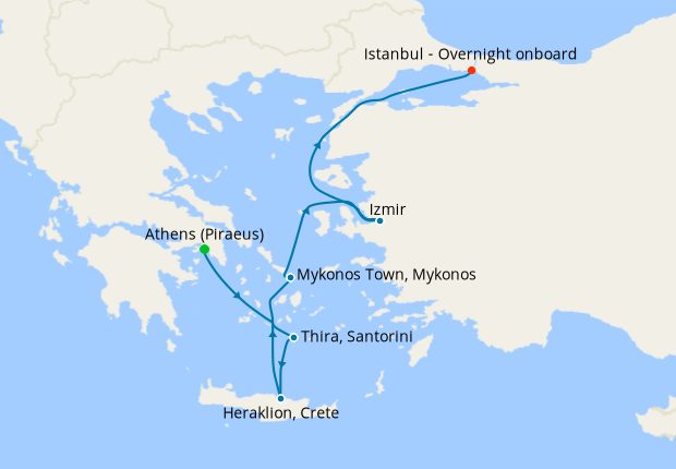 Seven Seas Splendor Voyage SPL260515 itinerary map from Athens (Piraeus) to Istanbul, May 15-22 2026, 7 days