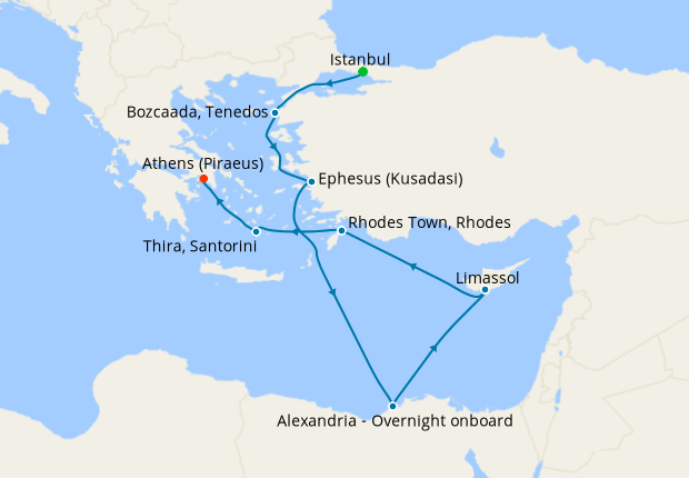 Seven Seas Splendor Voyage SPL260603 itinerary map from Istanbul to Athens (Piraeus), June 3-13 2026, 10 days