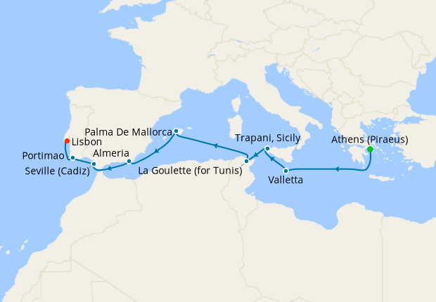 Seven Seas Splendor Voyage SPL260619 itinerary map from Athens (Piraeus) to Lisbon, June 19-29 2026, 10 days
