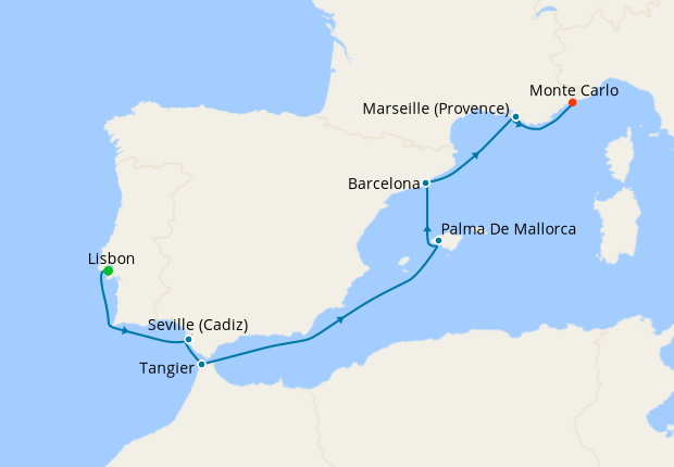 Seven Seas Splendor Voyage SPL260629 itinerary map from Lisbon to Monte Carlo, June 29-July 6 2026, 7 days