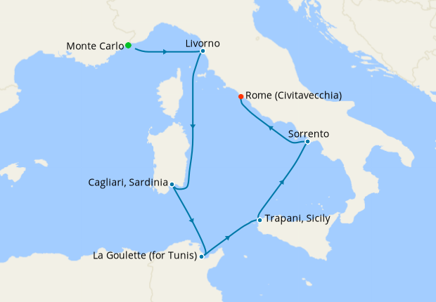 Seven Seas Splendor Voyage SPL260706 itinerary map from Monte Carlo to Rome (Civitavecchia), July 6-13 2026, 7 days