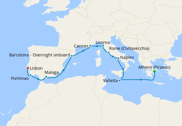 Seven Seas Splendor Voyage SPL260811 itinerary map from Athens (Piraeus) to Lisbon, August 11-23 2026, 12 days