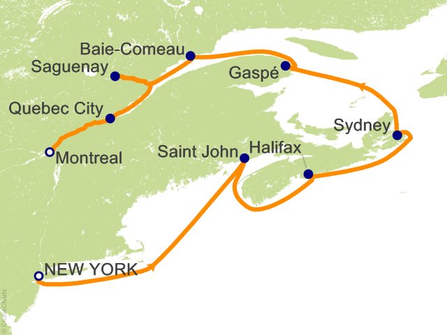 Seven Seas Splendor Voyage SPL261020 itinerary map from New York to Montréal, October 20-30 2026, 10 days