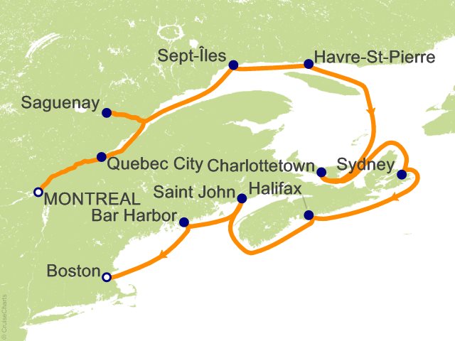 Seven Seas Splendor Voyage SPL260917 itinerary map from Montréal to Boston, September 17-28 2026, 11 days