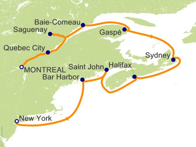Seven Seas Splendor Voyage SPL261009 itinerary map from Montréal to New York, October 9-20 2026, 11 days