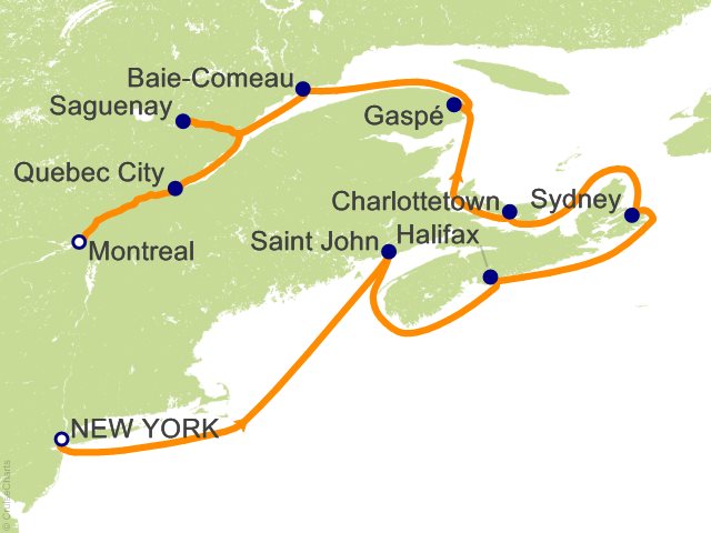 Seven Seas Splendor Voyage SPL260906 itinerary map from New York to Montréal, September 6-17 2026, 11 days