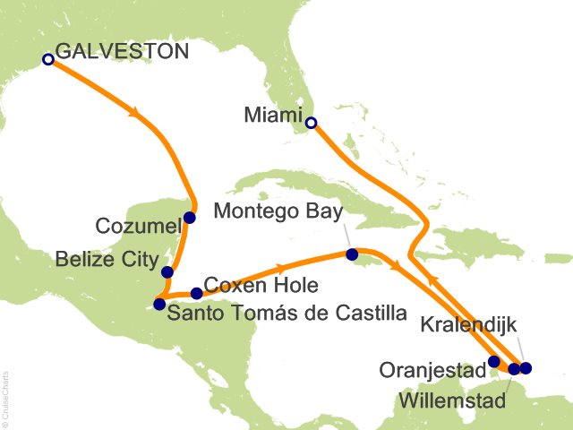 Seven Seas Splendor Voyage SPL261228 itinerary map from Houston (Galveston) to Miami, December 28-January 11 2027, 14 days