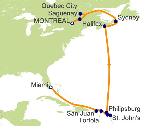 Seven Seas Splendor Voyage SPL261030 itinerary map from Montréal to Miami, October 30-November 15 2026, 16 days