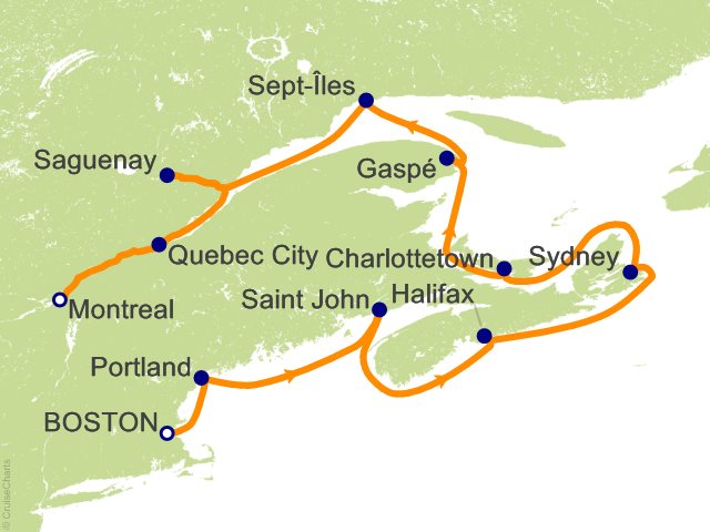 Seven Seas Splendor Voyage SPL260928 itinerary map from Boston to Montréal, September 28-October 9 2026, 11 days
