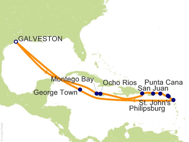 Seven Seas Splendor Voyage SPL261211 itinerary map from Houston (Galveston) to Houston (Galveston), December 11-28 2026, 17 days
