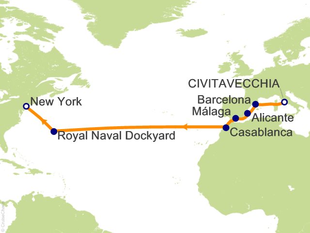 Seven Seas Splendor Voyage SPL270518 itinerary map from Rome (Civitavecchia) to New York, May 18-June 1 2027, 14 days