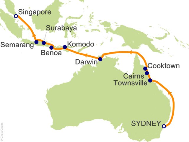 Seven Seas Splendor Voyage SPL270316 itinerary map from Sydney to Singapore, March 16-April 3 2027, 18 days