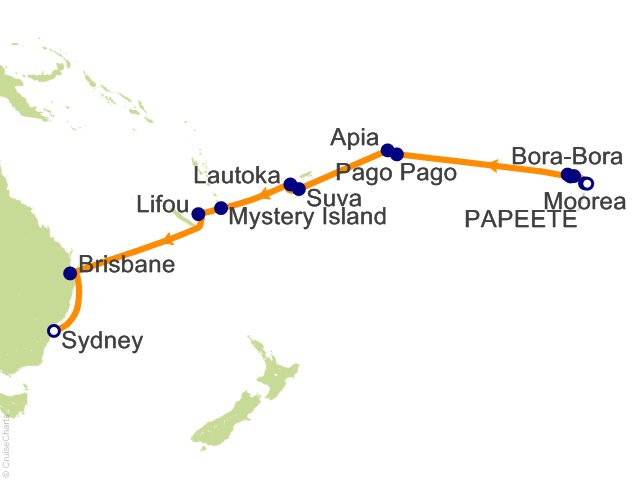 Seven Seas Splendor Voyage SPL270223 itinerary map from Papeete (Tahiti) to Sydney, February 23-March 16 2027, 21 days