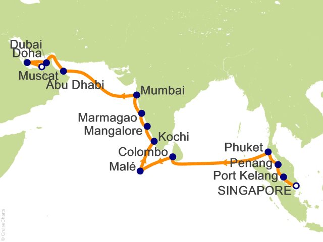 Seven Seas Splendor Voyage SPL270403 itinerary map from Singapore to Abu Dhabi, April 3-25 2027, 22 days